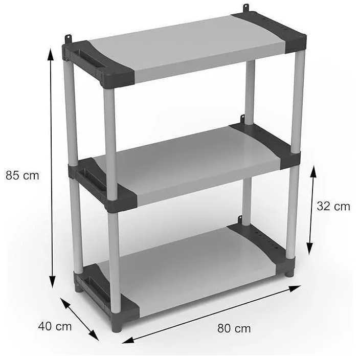 Tood TOO8019053053163 Estante de Plástico con 3 Estantes, Carga 80 kg por Estante, 80x40x85 cm, Negro/Gris 1