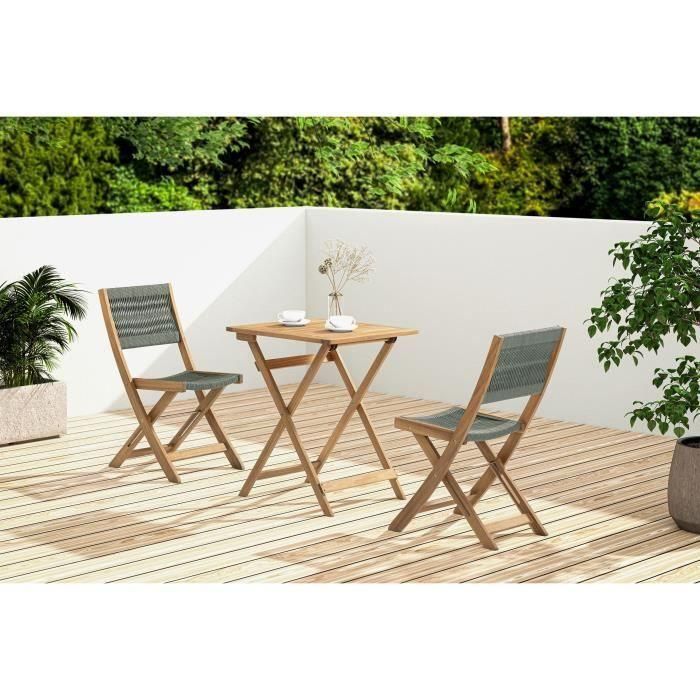 Conjunto de bistró plegable de madera de acacia FSC con tejido de cuerda verde oliva - 2 personas - MAKENA 1 Conjunto de bistró plegable de madera de acacia FSC con tejido de cuerda verde oliva - 2 personas - MAKENA 1