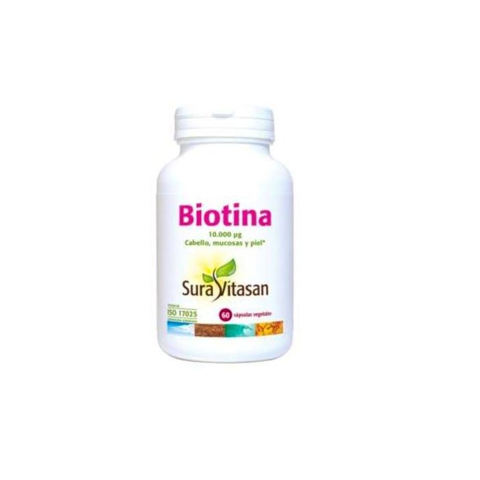 SURA VITASAN Biotina 10000mcg, 60 cápsulas veganas para Pelo, Piel y Uñas saludables. Vitamina B7 de alta potencia
