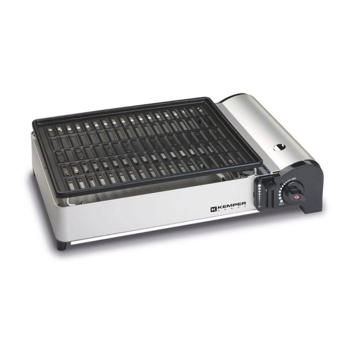 Kemper Barbacoa portátil a gas para camping, conexión bayoneta, encendido piezoeléctrico, parrilla aluminio antiadherente 27x34 cm, 45x32x9 cm