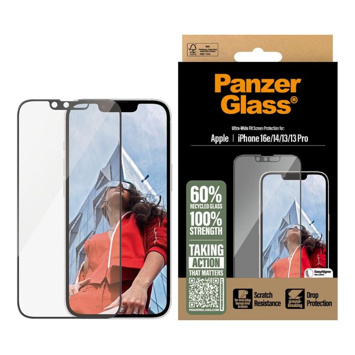 PanzerGlass UWF Protector de Pantalla para iPhone 16e, 14, 13, 13 Pro Ultra-Wide Fit con EasyAligner Vidrio Templado Transparente Resistente a Golpes y Rayones 1