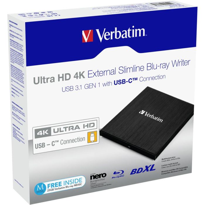 Verbatim 43888 Grabadora Blu-ray Externa Slimline USB 3.1 Tipo C, 4K, Color Negro 4