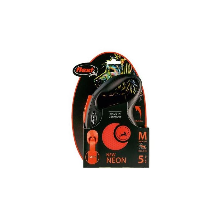 Flexi Correa New Neon M Cinta 5M Naranja Neón con Componentes Reflectantes