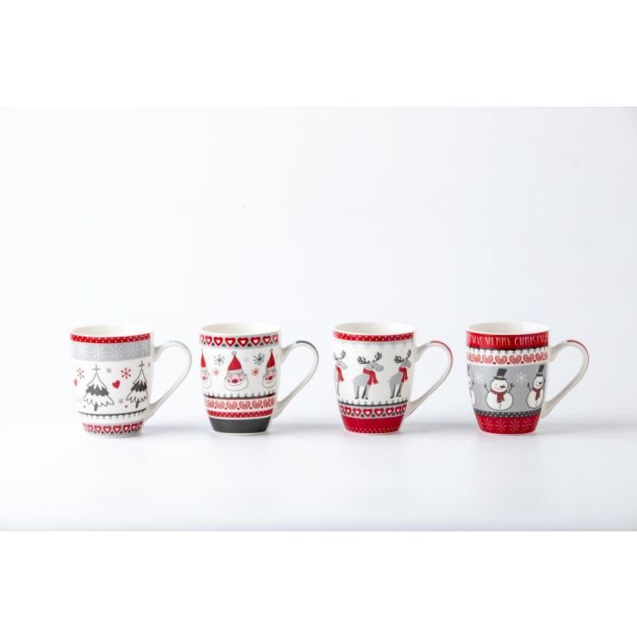DKD Home Decor Mug Navidad Tradicional 340ml Porcelana New Bone Rojo Gris Blanco Apto Microondas Lavavajillas (12 Unidades)