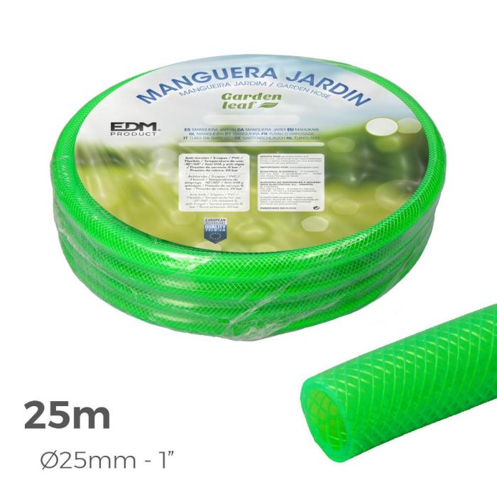 Edm Manguera de Jardín Estándar 25 m (1" 25 mm) Verde Fluor, PVC Flexible 3 Capas Anti-Algas, Presión 25 bar, Uso -10°/+60° 1