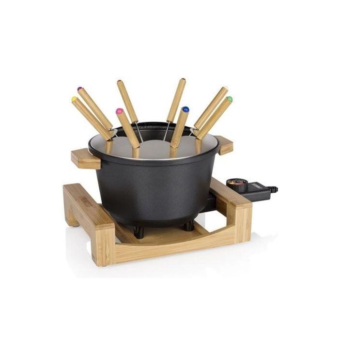 Princess 173025 Fondue Eléctrica Pure Negro 800W, 1.5L para 8 Personas, con 8 Tenedores y Diseño Bambú
