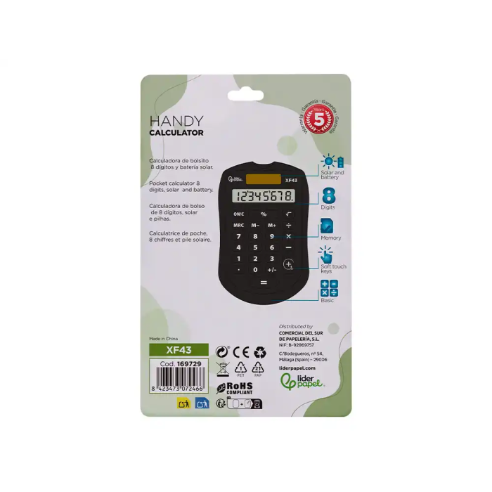Liderpapel xf43 Calculadora de Bolsillo 8 Dígitos Solar y Pilas Color Negro 94x59,5x10,5mm 6