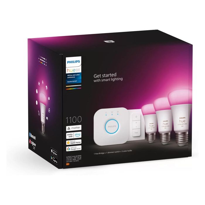Philips Hue E27 3er Starter Set White & Color Ambiance Bombillas Inteligentes con Regulador de Intensidad, Bluetooth, 3uds Philips Hue E27 3er Starter Set White & Color Ambiance Bombillas Inteligentes con Regulador de Intensidad, Bluetooth, 3uds