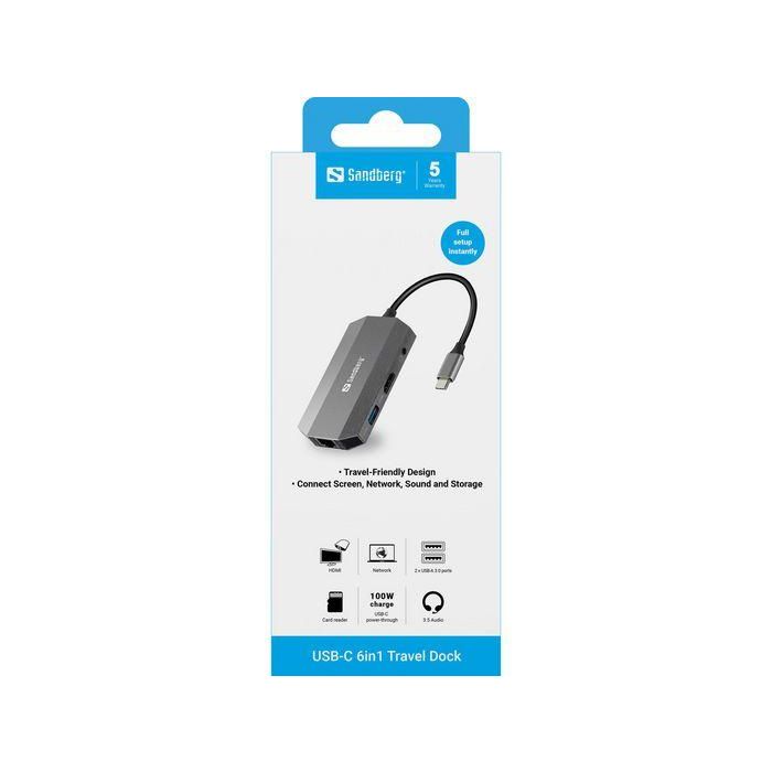 Sandberg 6in1 Travel Dock USB-C con HDMI, USB 3.0, RJ45 para Conectar Pantallas y Dispositivos 1