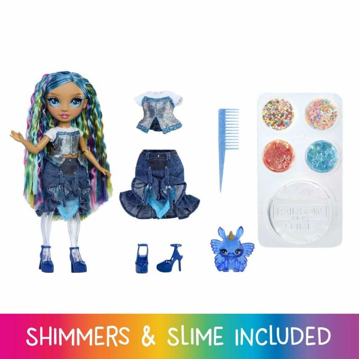 Rainbow High Muñeca Skyker 22 cm Azul con Slime Transparente y Diferentes Tipos de Brillo. Edad 4+ años. 6