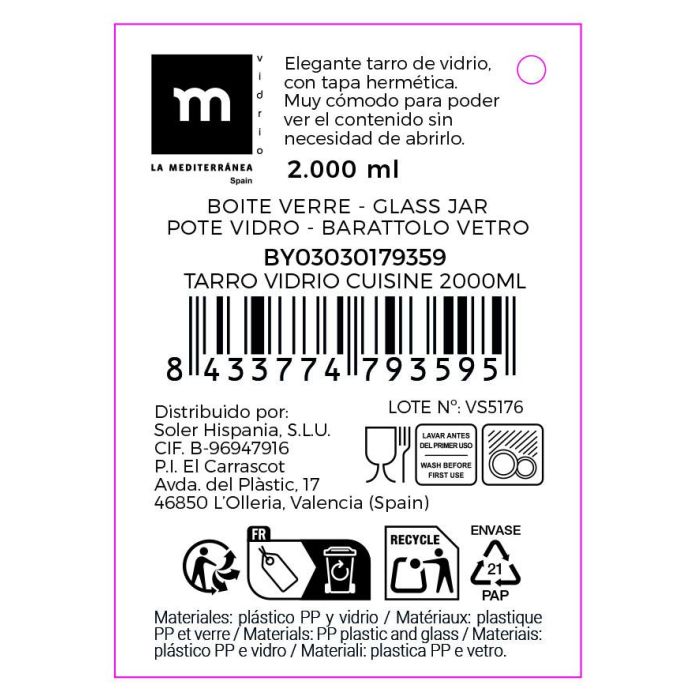 La Mediterranea Tarro Vidrio Cuisine 2000 ml (14 x 14 x 23 cm) 6