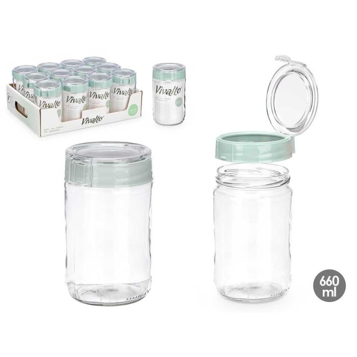 Bote Tapa Verde Vivalto 660 ml - 9.5x15x9 cm, Cristal y Plástico (12 Unidades) Bote Tapa Verde Vivalto 660 ml - 9.5x15x9 cm, Cristal y Plástico (12 Unidades)
