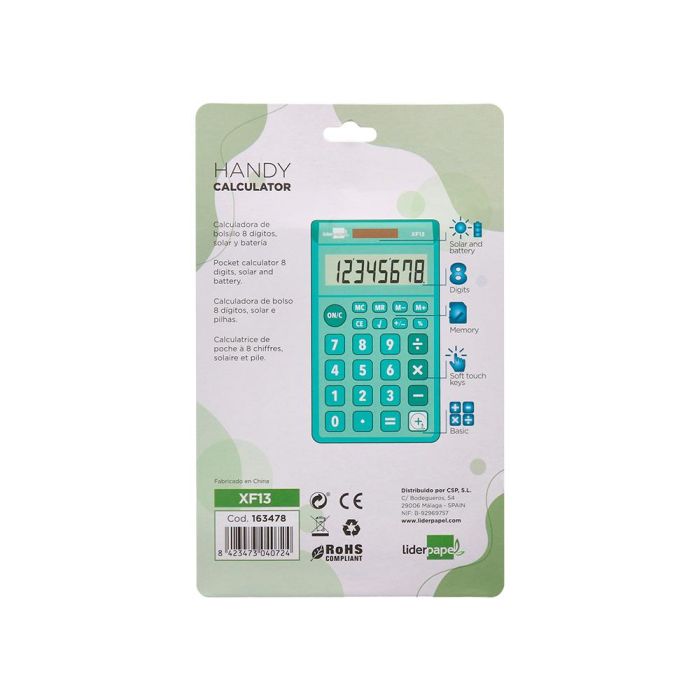 Calculadora Liderpapel Bolsillo Xf13 8 Digitos Solar Y Pilas Color Verde 115x65x8 mm 4