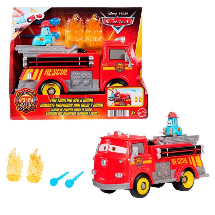 Mattel Jfl54 Cars Disney Pixar, Camión de Bomberos Rojo con Guido - Vehículo de juguete de rescate a toda máquina en Radiador Springs 14