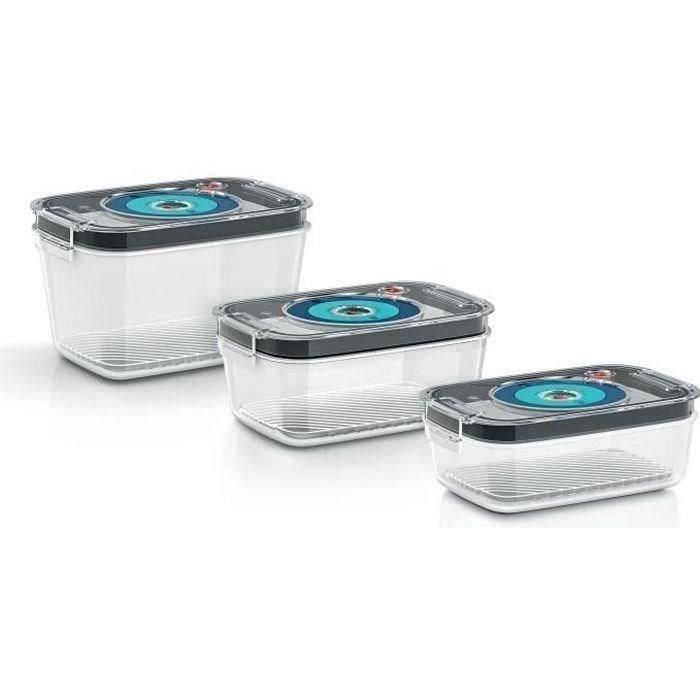 BOSCH - 3 cajas de almacenamiento al vacío herméticas: 0,7L, 1,0L y 1,5L - Bandeja de goteo - Indicador de día y mes - Tritan BOSCH - 3 cajas de almacenamiento al vacío herméticas: 0,7L, 1,0L y 1,5L - Bandeja de goteo - Indicador de día y mes - Tritan