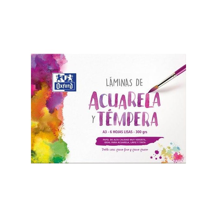 Oxford Láminas Para Pintura Acuarela Y Témpera 6H 300 gr A3 Liso Blanco