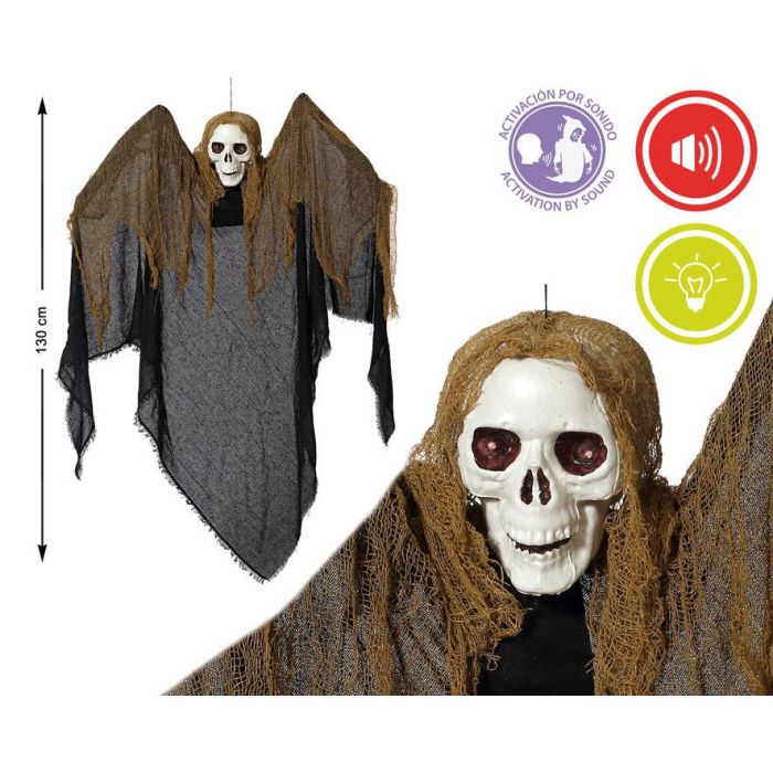 Calavera Colgante Gigante Con Capucha Negra Y Efectos 130 cm Ojos Brillantes Activación Por Ruido Terrorífica Decoración Halloween