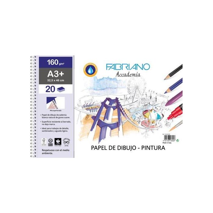 Bloc De Dibujo Fabriano Accademia Con Espiral Liso Tecnicas Mixtas A3+ 160G 20H