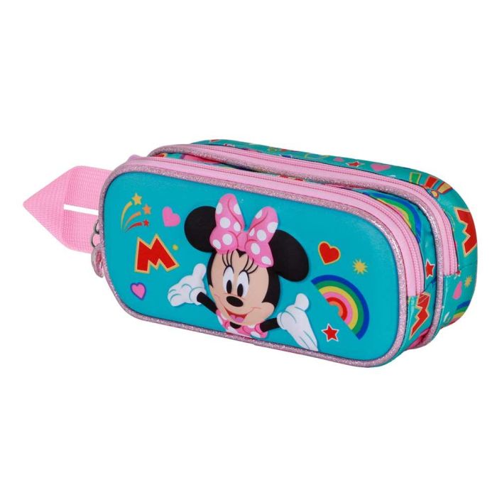 Disney Minnie Mouse Estuche Portatodo Escolar 3D Doble Compartimento con Cremallera y Relieve Frontal Turquesa, 8x22x10cm, 1.5L