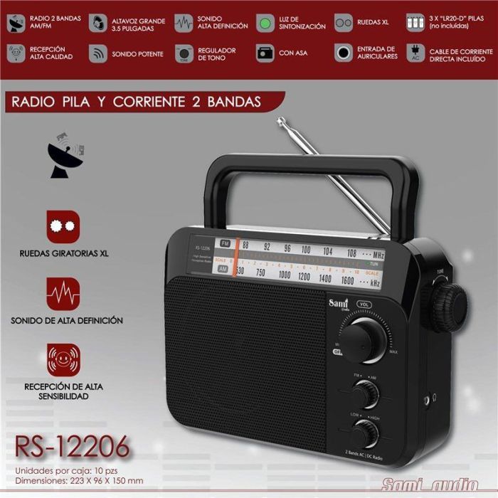 SAMI Radio AC/DC 2 Bandas, XL con Ruedas, Alta Recepción y Funciona a Pilas