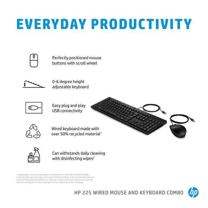 HP 225 Conjunto de Teclado y Ratón con Cable, Periféricos de Escritorio con Distribución UK, Comodidad y Productividad 3