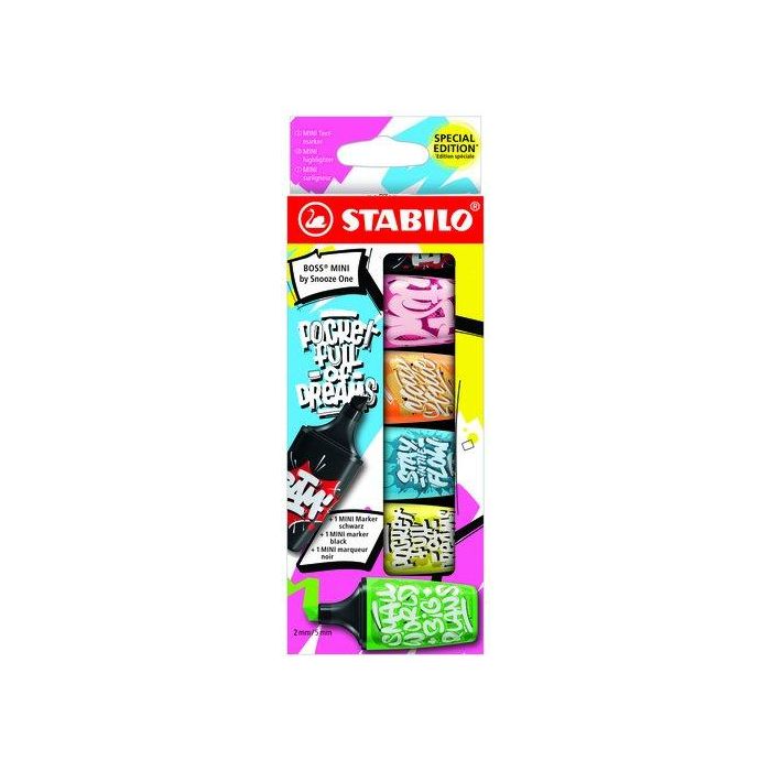 Stabilo Rotulador fluorescente Boss Mini by Snooze One, estuche de 6 unidades, colores surtidos, trazo 2+5 mm, tinta base acuosa
