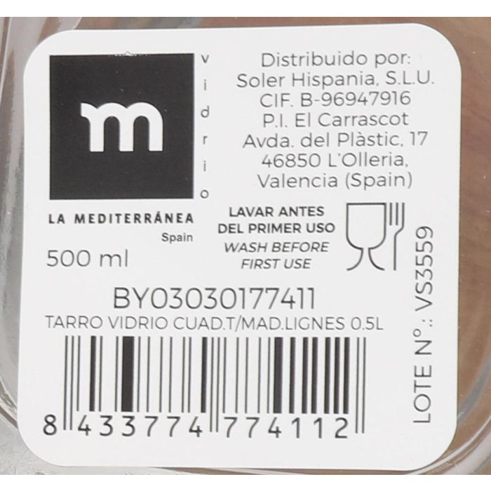 Tarro de vidrio cuadrado con tapa de madera Lignes 0.5L - La Mediterranea (24 Unidades) 7 Tarro de vidrio cuadrado con tapa de madera Lignes 0.5L - La Mediterranea (24 Unidades) 7