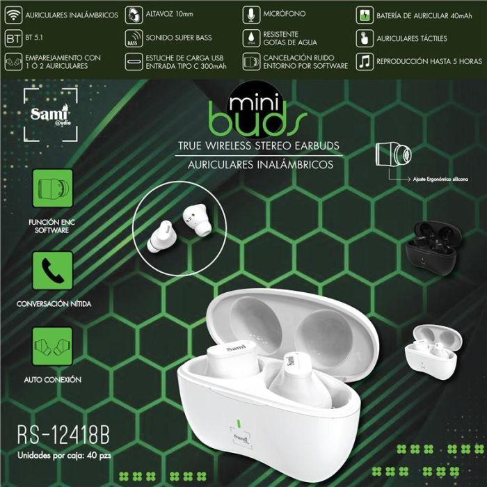 SAMI Auriculares Inalambricos TWS Mini Buds con Estuche de Carga (40 mAh, Cargador 300 mAh) - Audifonos Bluetooth Compactos