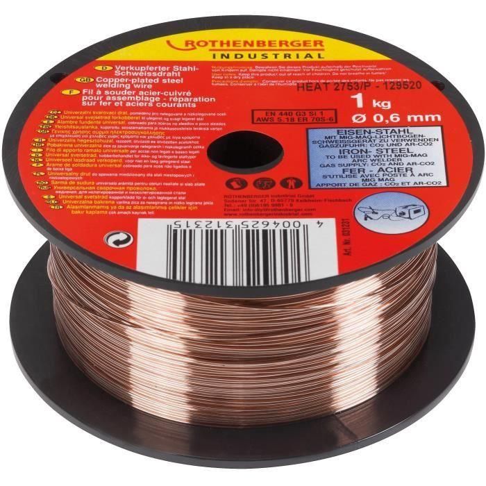 Rothenberger Alambre de soldadura MIG-MAG de Acero/Cobre Ø0.6mm 1kg para hierro, acero y reparaciones de automoción