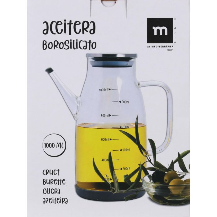Aceitera de vidrio borosilicato 1000 ml con tapón de acero inoxidable - La Mediterranea (12 Unidades) 1 Aceitera de vidrio borosilicato 1000 ml con tapón de acero inoxidable - La Mediterranea (12 Unidades) 1