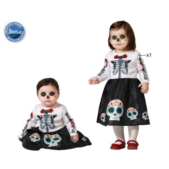 Disfraz Vestido Esqueleto Mexicano Poliéster para Niña Bebé 12-24 Meses Color Blanco con Falda Corta y Detalles Día de Muertos para Halloween 0 Disfraz Vestido Esqueleto Mexicano Poliéster para Niña Bebé 12-24 Meses Color Blanco con Falda Corta y Detalles Día de Muertos para Halloween 0