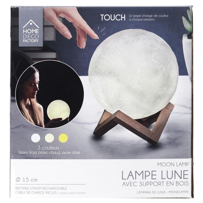 Home Deco Factory Lámpara Luna 3D Táctil Recargable 3 Colores con Soporte de Madera 15cm 1
