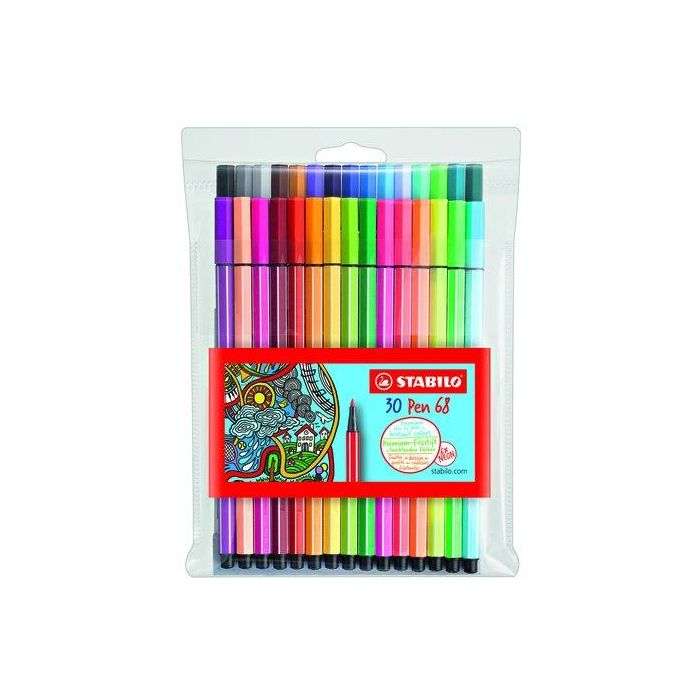 Stabilo Rotulador Pen 68 Acuarelable - Estuche 24 colores estándar + 6 neón, Punta Fibra 1 mm