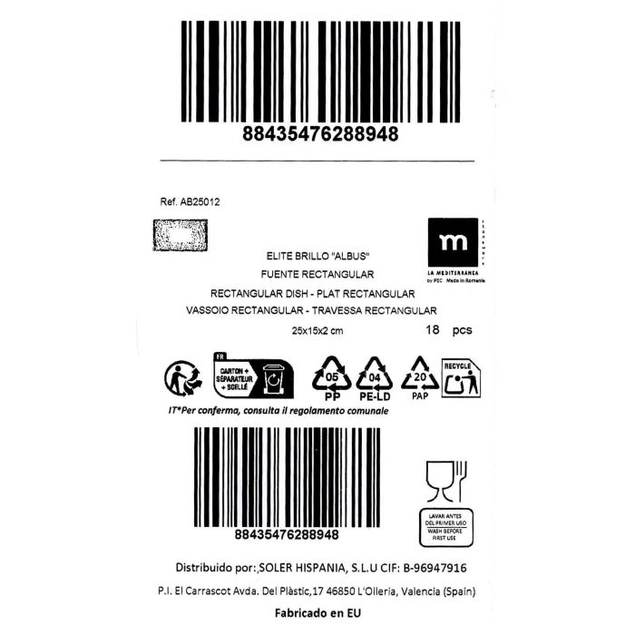 La Mediterranea Fuente Rectangular Albus Elite Brillo 25 x 15 cm (18 Unidades)