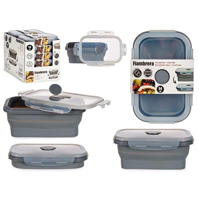 Fiambrera de silicona rectangular Kinvara 540 ml, 16.5x10.7x6.5 cm, gris y transparente (24 Unidades) Fiambrera de silicona rectangular Kinvara 540 ml, 16.5x10.7x6.5 cm, gris y transparente (24 Unidades)