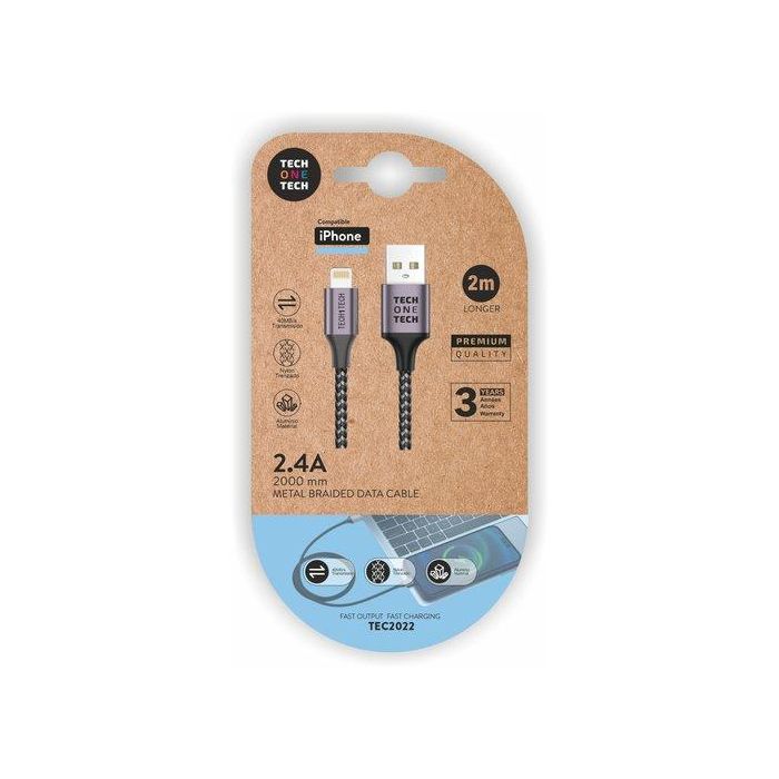 Tech One Tech Cable de datos y carga rápida nylon USB-A a Lightning 2 m gris compatible con Apple/iPhone