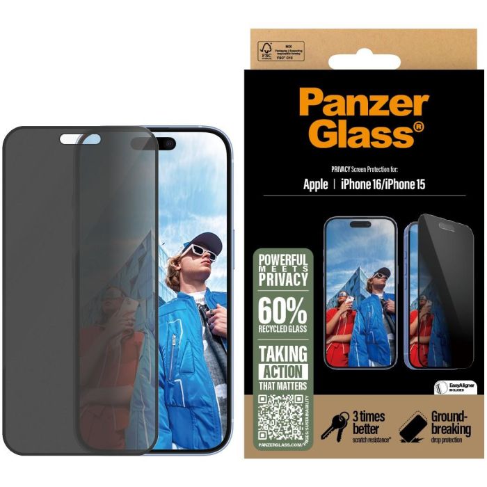 PanzerGlass Protector Pantalla Privacidad iPhone 16 15 UWF Vidrio Templado Fácil Instalación Anti-huellas 1
