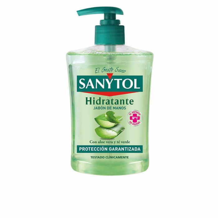 Sanytol Jabón de Manos Antibacteriano Hidratante, con Aloe Vera y Té Verde. Limpieza y Protección, Dosificador 500 ml