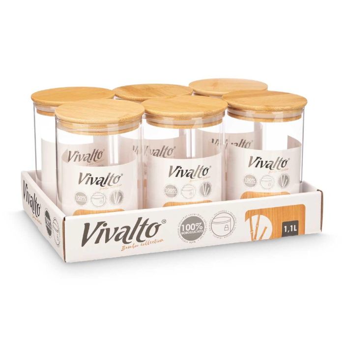 Vivalto Tarro Redondo de Borosilicato con Tapa de Bambú 1.1L, 10.5x16x10.5 cm, Apto para Horno y Microondas (12 Unidades) 2
