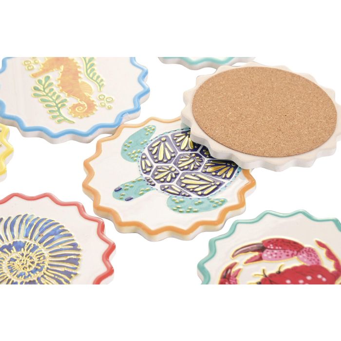 DKD Home Decor Posavasos Mediterraneo Blanco Multicolor Dolomita Corcho 72 Unidades 10.8 x 0.7 x 10.8 cm