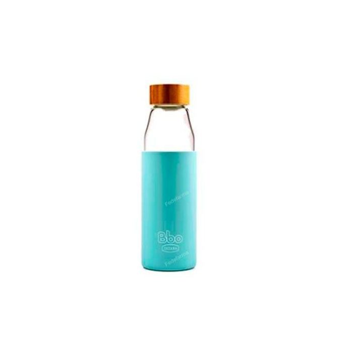 IRISANA Botella de Agua Reutilizable de Borosilicato con Tapón de Bambú y Funda de Silicona Azul 500 ml