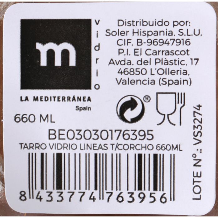 Tarro de vidrio con líneas y tapón de corcho 660 ml - La Mediterranea (24 Unidades) 9 Tarro de vidrio con líneas y tapón de corcho 660 ml - La Mediterranea (24 Unidades) 9