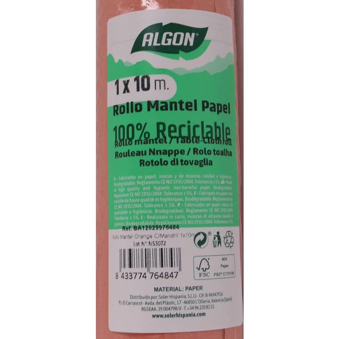 Algon Rollo Mantel Orange 10 m x 1 m con Mandril, Desechable, Hostelería (12 Unidades)