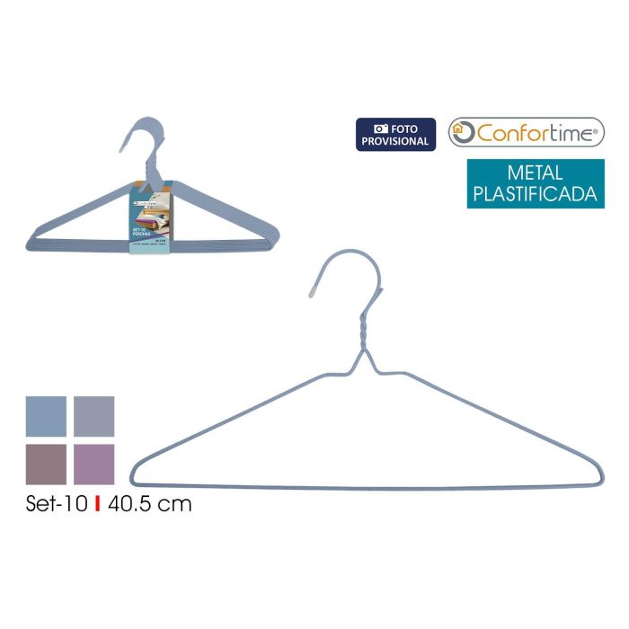 Set de 10 perchas de metal plastificado 40.5 cm - Confortime por Inde (24 Unidades) Set de 10 perchas de metal plastificado 40.5 cm - Confortime por Inde (24 Unidades)