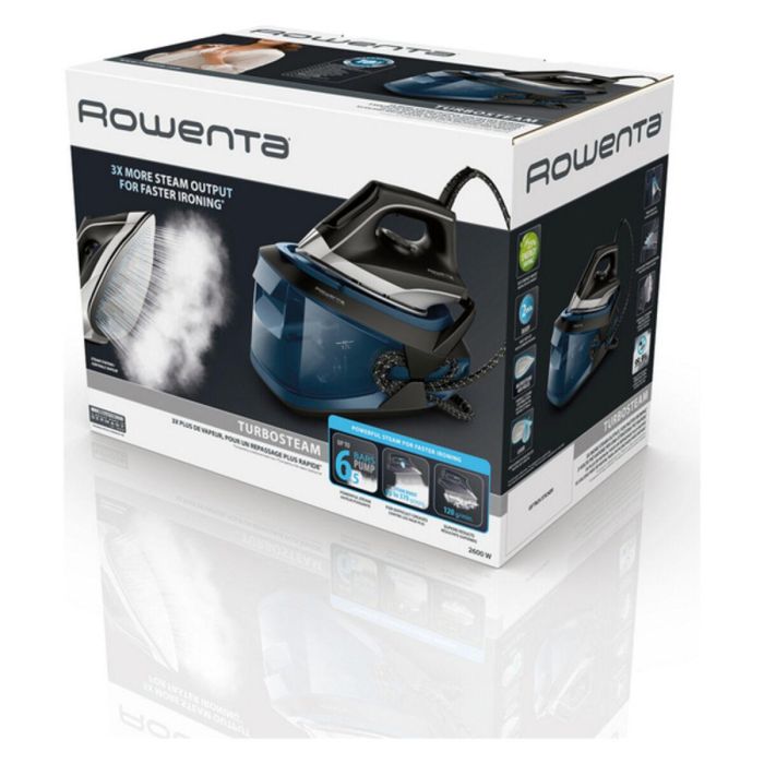 Rowenta VR8322F0 Centro de Planchado TurboSteam 2600W, 6.5 bar, Depósito 1.7L, 370g/min Golpe Vapor, Antical, Eco, Negro/Azul 1 Rowenta VR8322F0 Centro de Planchado TurboSteam 2600W, 6.5 bar, Depósito 1.7L, 370g/min Golpe Vapor, Antical, Eco, Negro/Azul 1