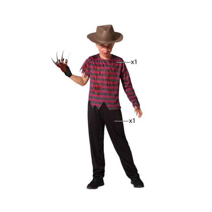 Disfraz Asesino Pesadillas Infantil 7-9 Años Halloween - Camiseta Rayas Verde y Roja, Pantalón Negro