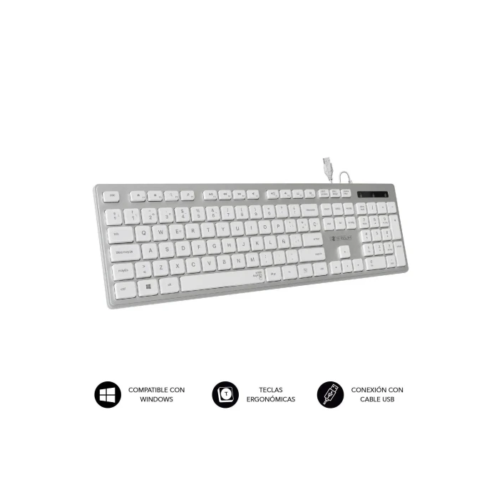 SUBBLIM Teclado Ergonómico con cable USB Plano Silencioso Plateado/Blanco Ergo