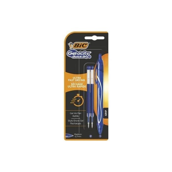 Bic 951757 Bolígrafo de Tinta de Gel Retráctil Gelocity Quick Dry Azul + 2 Recambios, Punta Media, Secado Rápido para Zurdos
