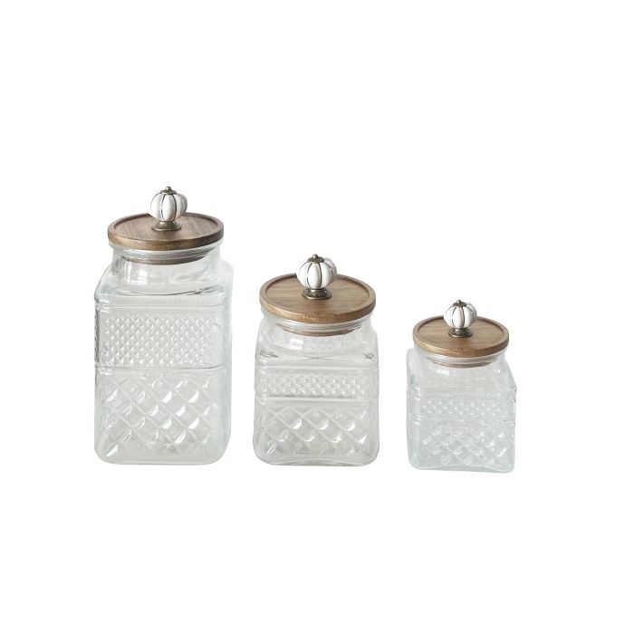 DKD Home Decor Bote Basicos Transparente Natural Cristal Acacia Metal Set de 3 12 x 23.5 x 12 cm
