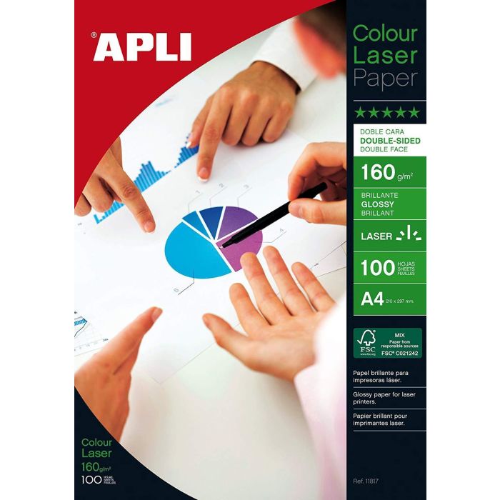Apli Papel Fotográfico A4 160 gr Láser Doble Cara Paquete 100H Blanco Brillo Apli Papel Fotográfico A4 160 gr Láser Doble Cara Paquete 100H Blanco Brillo